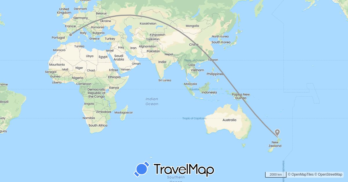 TravelMap itinerary: driving, plane in Spain, New Zealand (Europe, Oceania)
